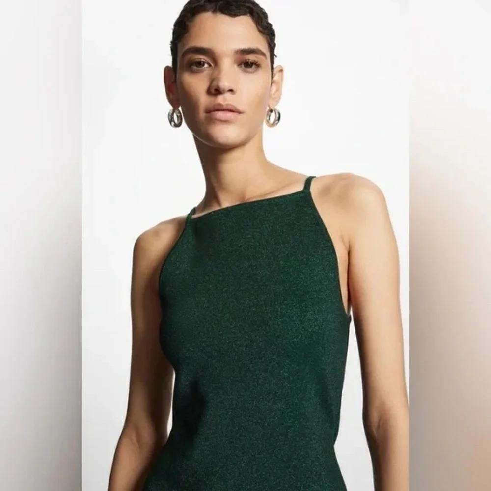 COS Knitted Bodycon Mini Dress Metallic Green Square Neck Elastic Sheath Dress - Picture 2 of 8